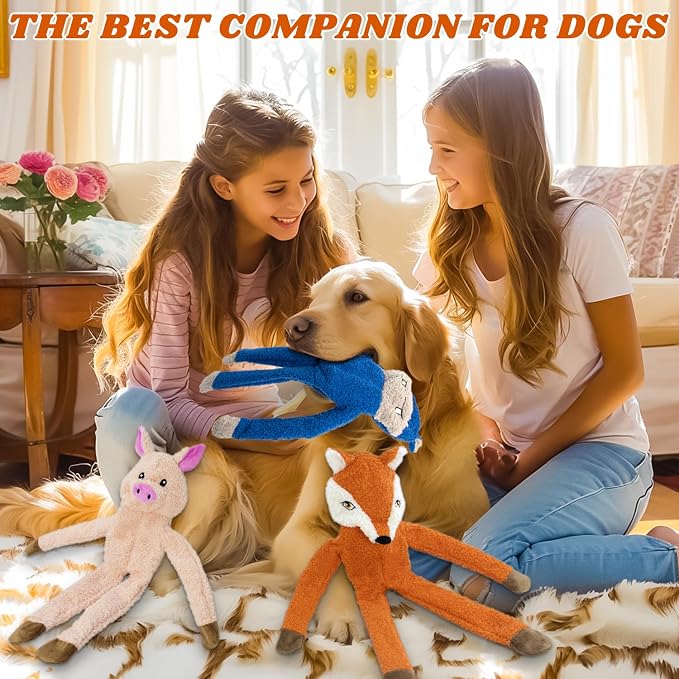 3 Pack No Stuffing Crinkle Squeaky Plush Dog Toy | Interactive, Not for Aggressive Chewers, suit for small medium large breed tug game Orange Fox Pink Pig Blue Hippo