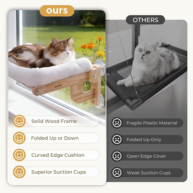 Pecute Foldable Cat Window Perch, Cloud-Soft Cat Bed with Solid Wood Frame, Strong Suction Cup, Washable Cushion, Stable Large Cats Hammock with Sided Bolster, Cats Perch Indoor for Sunbathing, 26" L