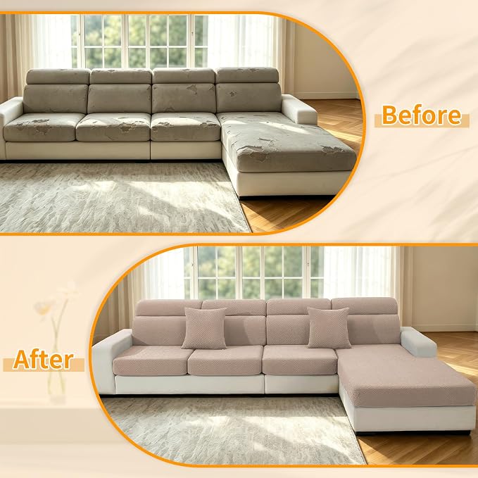 XINEAGE Couch Cushion Covers,Loveseat Seat Slipcovers for Pets,Non Slip Sofa Seat Cover Washable,Sofa Slipcovers with Elastic Bottom(1 Piece Loveseat Cushion Cover,Khaki)