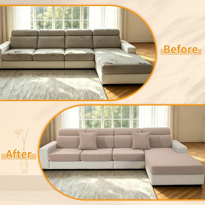 XINEAGE Couch Cushion Covers Seat Cushion Cover Thick Stretch Sofa Slipcovers 3 Piece Individual Couch Covers with Elastic Bottom(3 Seat Cushion/Backrest,Khaki)
