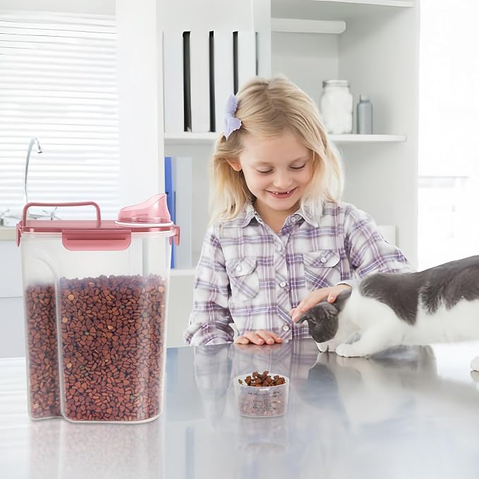 LEAWALK 5-7Lbs Dog Cat Food Storage Container with Upgraded Large Nozzle BPA-free, 4 Snap Seals Plastic Pet Food Storage Containers with Handles (Claer(Pink+Grey), 5L-2pack)