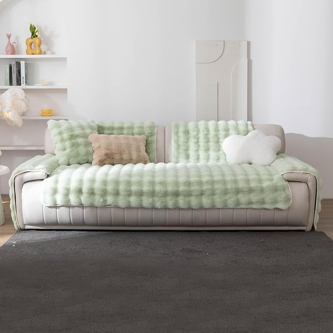 Faux Fur Couch Cover, Soft Warm Plush Sofa Couch Cover, Non Slip Sectional Sofa Slipcovers, Washable Furniture Protector for Kids, Dogs, L Shaped Armrest Backrest Cover(Green, 28"×28")