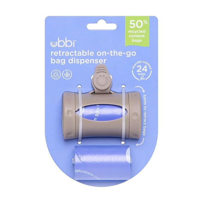 Ubbi Retractable On-the-Go Bag Dispenser for Baby Travel, Diaper Bag Accessory Must Have for Newborns, Helpful Baby Accessory, Taupe (Pack of 5)