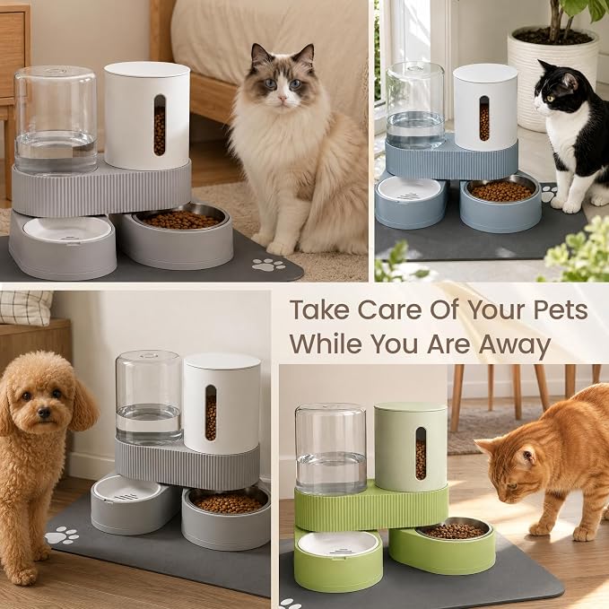 Gravity Cat Feeder 2 Pack Automatic Food Feeder Stainless Steel Water Dispenser Set 360° Rotatable Pet Bowls with Silicone Mat and Brush for Cats Small Medium Dogs, Large Capacity(Green)