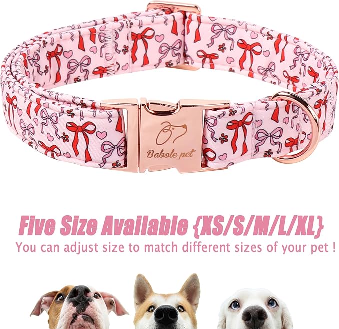 Pink Dog Collar for Female Small Dogs - Cute Bow Pattern Girl Dog Collar for Spring Summer, Adjustable Heavy Duty Pet Valentines Collars with Metal Buckle S