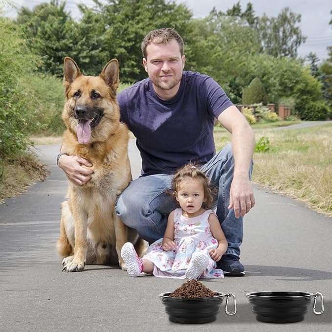 SLSON Dog Bowls Pet Collapsible Bowl with Cover Lids,2 Pack Dog Travel Bowls Portable Foldable Cat Water Dish Bowl for Pets Walking Parking Camping (Black and Black, Large)