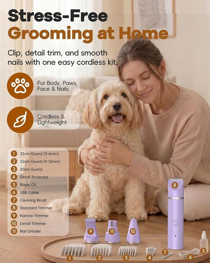 Veeconn Dog Grooming Clippers Kit-Electric Rechargeable Cat Trimmer Tools-Cordless Quiet Pet Nail Paw Grinder-4 in 1 Multifunctional Low Noise Shaver-Razor for feet Face Ears Toenail Eye
