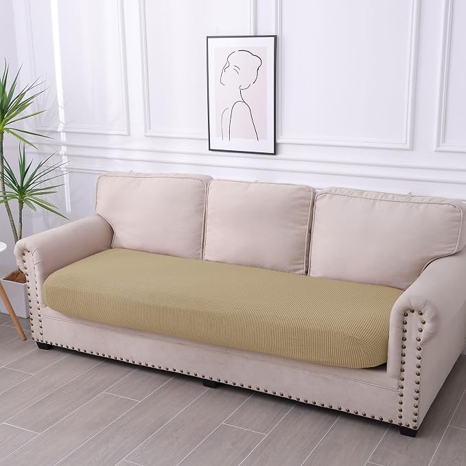 hyha Waterproof Couch Cushion Covers for Pets, Non Slip Sofa Cover for Dogs Washable, Soft Thick Stretch Jacquard Fabric, Sofa Slipcovers with Elastic Bottom (1 Piece for Large, Sand)