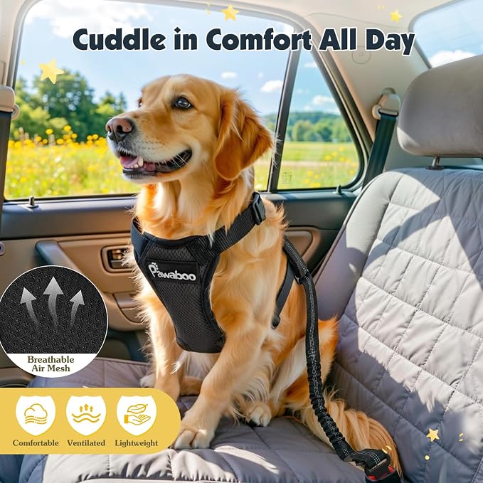 Pawaboo Dog Seat Belt Harness for Car, Dog Car Harness Seatbelt with Double Clips, Adjustable Breathable Pet Vest & Dogs Safety Tether with Elastic Bungee for Small Medium Large Pet, XXL, Black