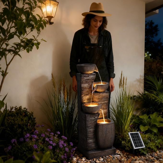 38.2" Tall Solar Powered Water Fountain for Outdoor,4 Tiers Modern Cascading Bowls and Stacked Stones Solar Fountains with LED Lights for Garden, Patio, Deck, Backyard and Home Art Decor
