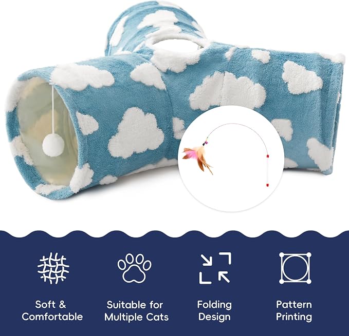 Tempcore Flannel Cat Tunnel for Indoor Cats, 3 Way Collapsible Pet Play Tunnel with Teaser Wand, Peek Holes & Hanging Ball, Interactive Tube for Kittens & Rabbits, Blue Cloud