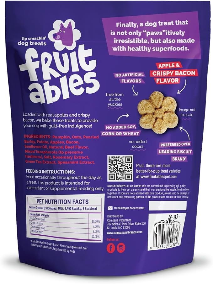 Fruitables Baked Dog Treats, Pumpkin Snacks for Dogs, Low Calorie & Delicious, No Wheat, Corn or Soy, Healthy Puppy Training Treats, Made in the USA, Apple and Crispy Bacon Flavor, 7oz