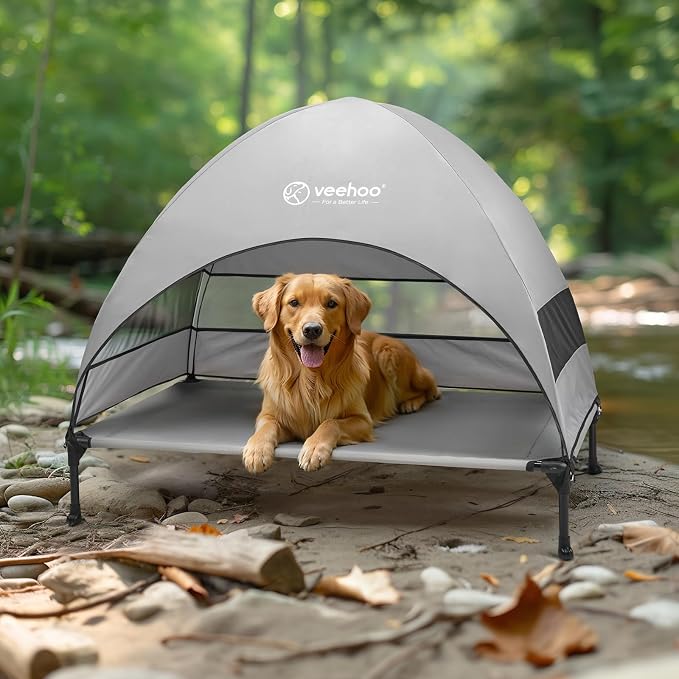 Veehoo Outdoor Dog Bed with Canopy, Portable Elevated Dog Bed with Sun Protection Shade Tent, Removable, Cooling Raised Dog Cot for Camping, Beach, 42 inches, Grey