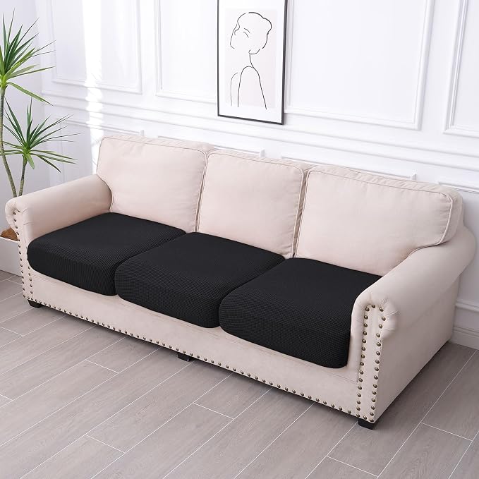 hyha Waterproof Couch Cushion Covers for Pets, Non Slip Sofa Seat Cover for Dogs Washable, Soft Thick Stretch Jacquard Fabric, Sofa Slipcovers with Elastic Bottom (3 Pieces, Black)