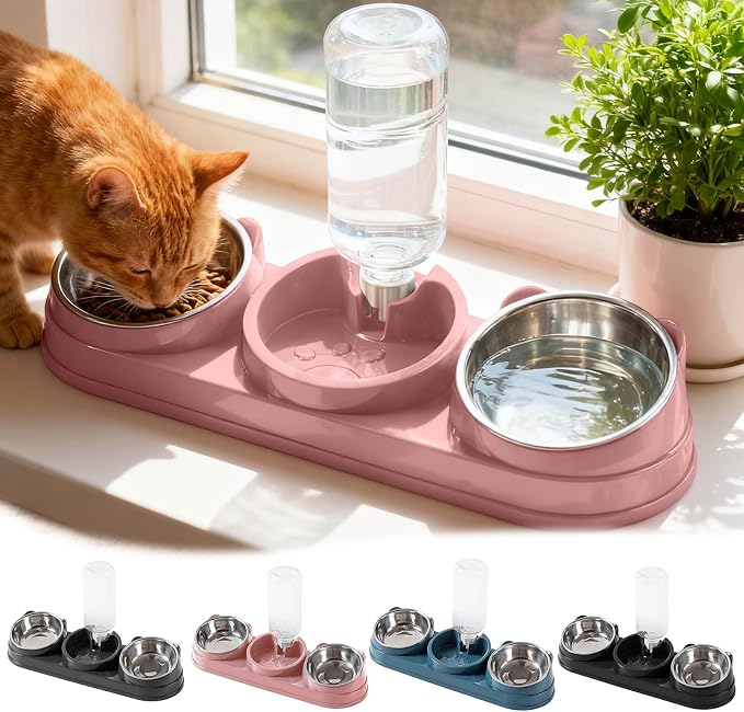 3 in 1 Cat Bowls Pet Feeder with Water Dispenser, 15° Raised Cat Dish Food and Water Bowls Set for Wet/Dry Food, Triple Pet Feeding Station for Rabbit Kitten Bunny (Grey)
