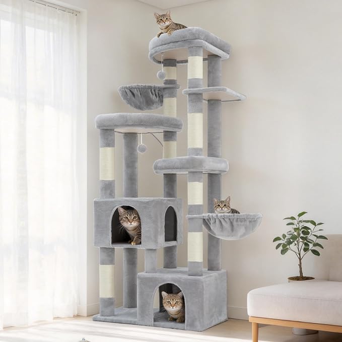Hey-brother Cat Tree, 67.3 Inches Tower with 3 Soft Platform Beds, 2 Large Condos, 9 Sisal Scratching Posts, 2 Hammocks and Toys, Multi-Level Step House for Multiple Indoor Kittens, Light Gray MPJ084W