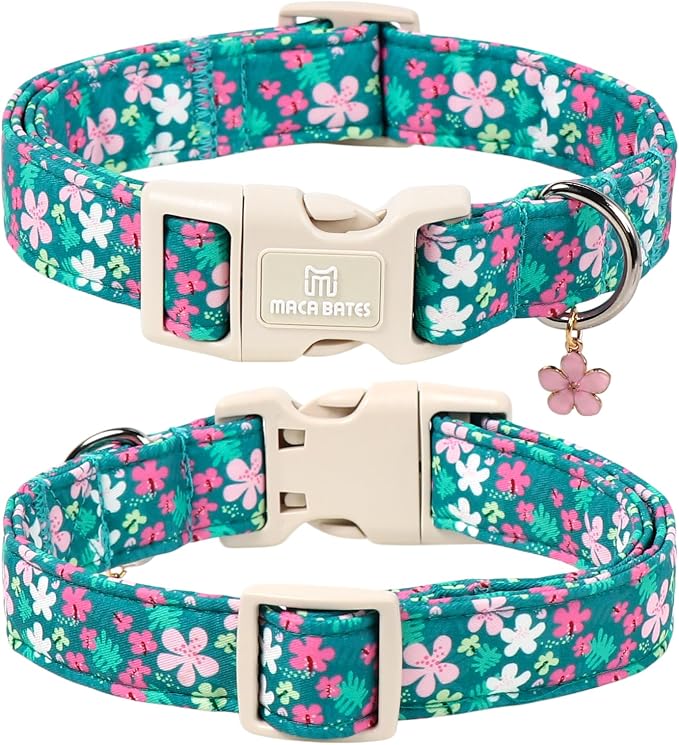 Maca Bates Spring Green Floral Dog Collar with Cherry Charm for Large Girl Boy Dogs, Pink Flower Pattern,Pretty Blossom Adjustable Durable Soft Flowers Collars Gift for Male Female Puppy