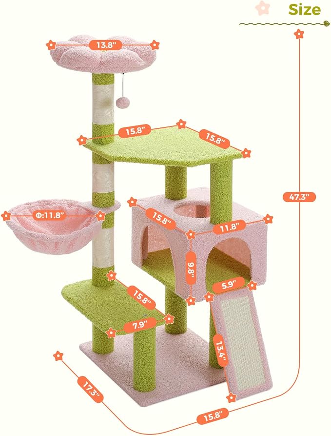 MUTTROS Flower Cat Tree 47.2" Multi-Level Cat Tower with Sisal Covered Scratching Posts, Cute Cat Condo for Indoor Small Medium Cats, Pink Top Perch, Fluffy Ball, Pink