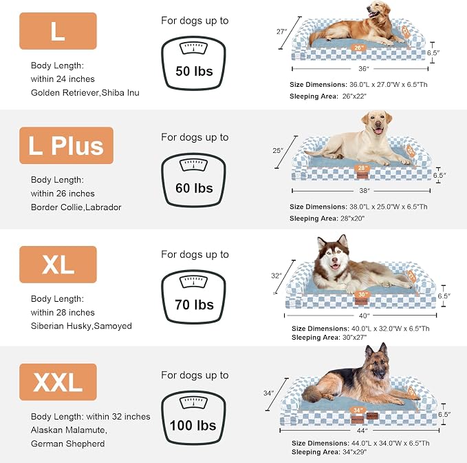 Large Dog Bed Orthopedic Washable: Beds Bolster XL Bed Big XLarge Dogs Egg Crate Foam Couch Sofa Waterproof with Removable Cover - Blue Grid