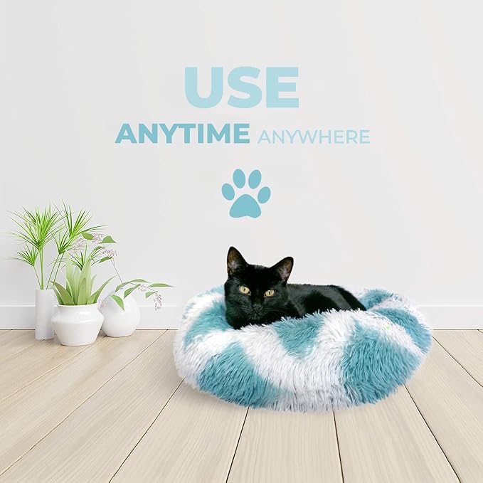Whiskers & Friends Cat Beds for Indoor Cats, Fluffy Calming Donut Cat Bed, Small Dog Bed Washable - Orthopedic Soft Plush Pet Beds Sized for Kitten to Large Cats & Puppy to Small Dogs - Teal White