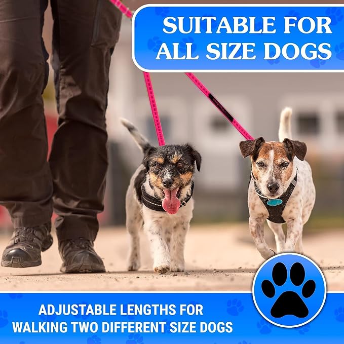 Dog Leash – Dual Reflective with Non-Tangle Design – Heavy Duty Nylon and Metal Buckles – Ideal (Pink, 2 Dog Leash)