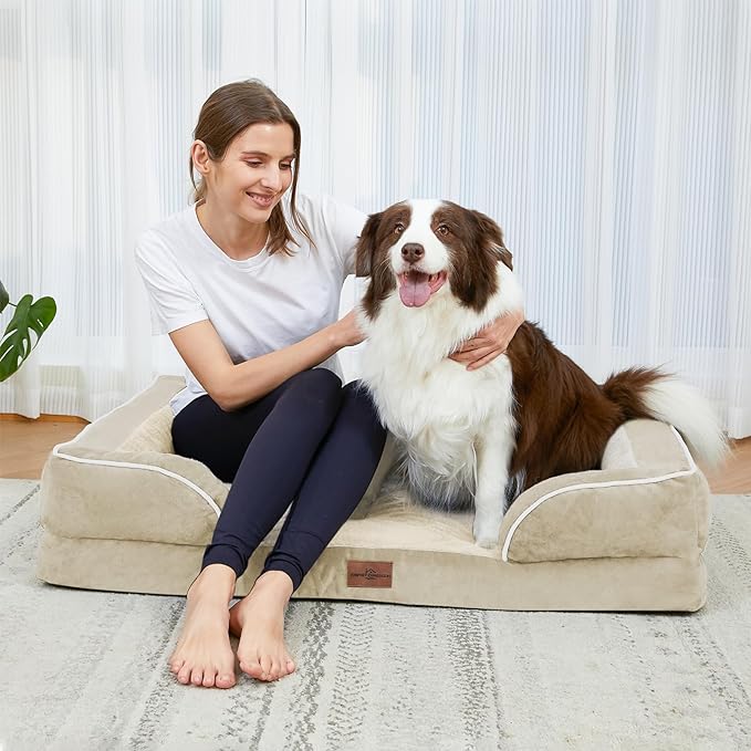 Comfort Expression Orthopedic Dog Bed for Medium Dogs 30x20 Inch, Waterproof Supportive Egg Crate Foam Medium Pet Bed with Removable Bolsters, Dog Couch with Washable Cover & Non-Slip Bottom, Beige