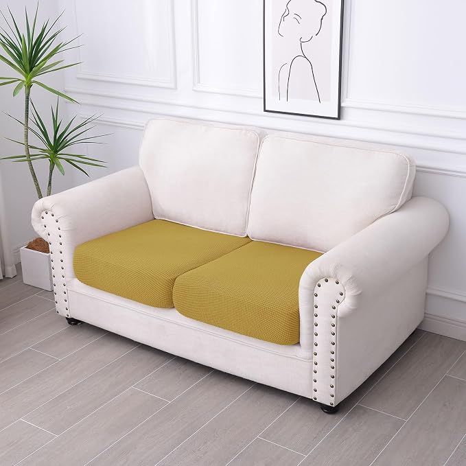 hyha Waterproof Couch Cushion Covers for Pets, Non Slip Sofa Cover for Dogs Washable, Soft Thick Stretch Jacquard Fabric, Sofa Slipcovers with Elastic Bottom (2 Pieces, Ginger Yellow)