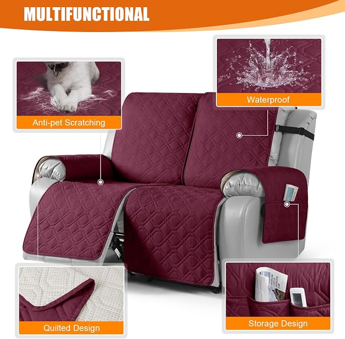 VANSOFY Waterproof Recliner Couch Covers, Sofa Covers 1-Piece Washable Reclining Sofa Cover Non-Slip Furniture Protector with Elastic Straps Pocket for Dogs, Pets(Burgundy,2 Seater)