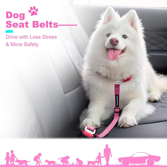 2 PCS Dog Seat Belt for Car Frskcssd Adjustable Dog Car Harness Heavy Duty Nylon Dogs Safety Seat Belt (Black+Pink)