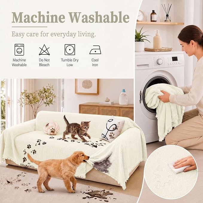 hyha Couch Cover for Dogs, Boho Sofa Covers for 3 Cushion Couch Washable, Chenille Sofa Slipcover for Pets, Soft Loveseat Sectional Couch Throw Blankets with Tassels (Beige, 71x134 Inch)