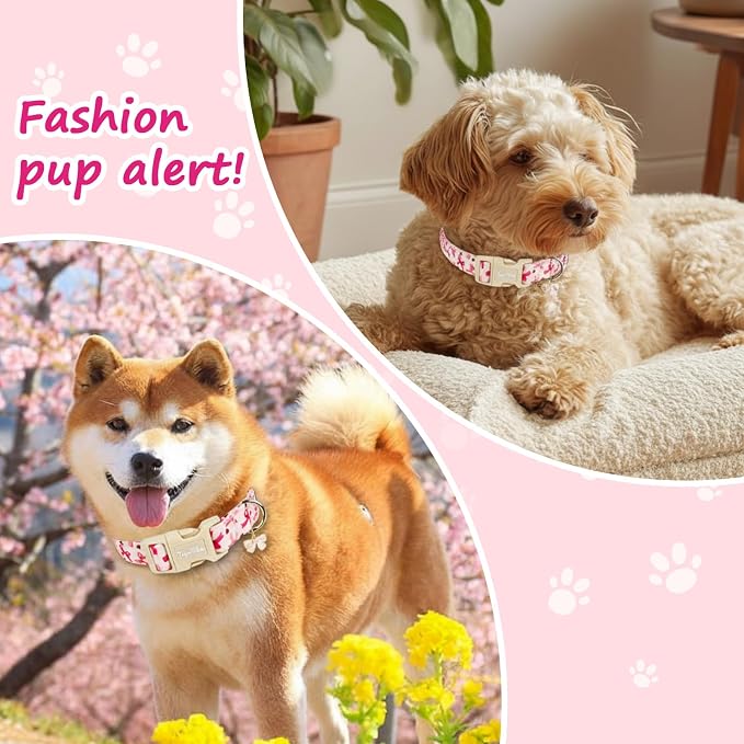 Girl Dog Collars for Small Dogs, Summer Dog Collar with Pink Bow with Metal Buckle Pet Collar for Girl Dogs for Female Dog Adjustable Soft Pink Girl Dog Collar for Puppy Small Dogs-S