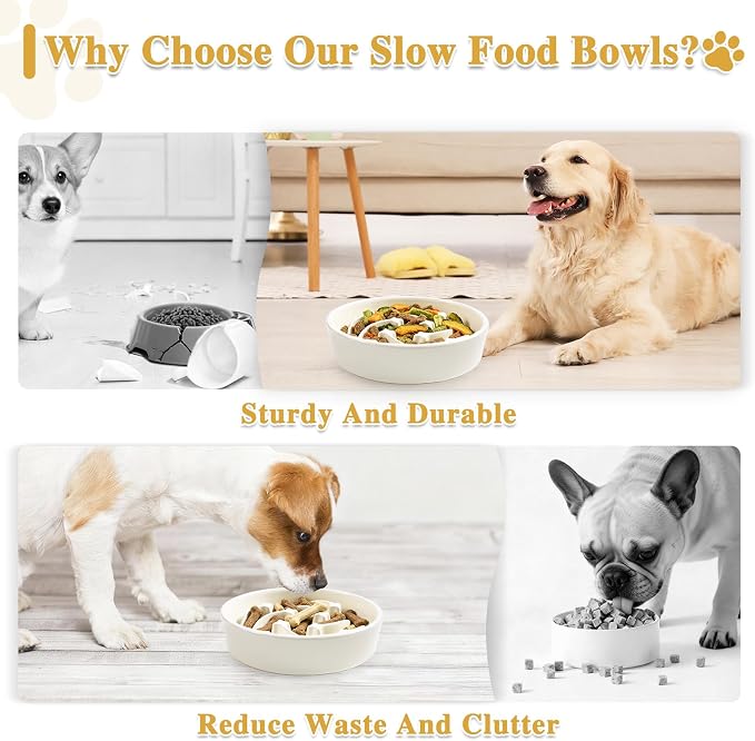 Ceramic Slow Feeder Dog Bowls, 1.5 Cups Dog Food Dish for Medium and Large Breed, Puzzle Dog Food Bowl for Fast Eater, 28OZ, 8.15 inch(Beige)