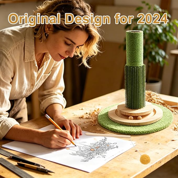 Cat Scratching Post, 45 Inch Tall Cat Scratcher Tree for Indoor Cats Adults with Natural Sisal Rope, Large Scratching Posts with Rubber Brush, 3-Layer Solid Wood Base and Balls Track Toy