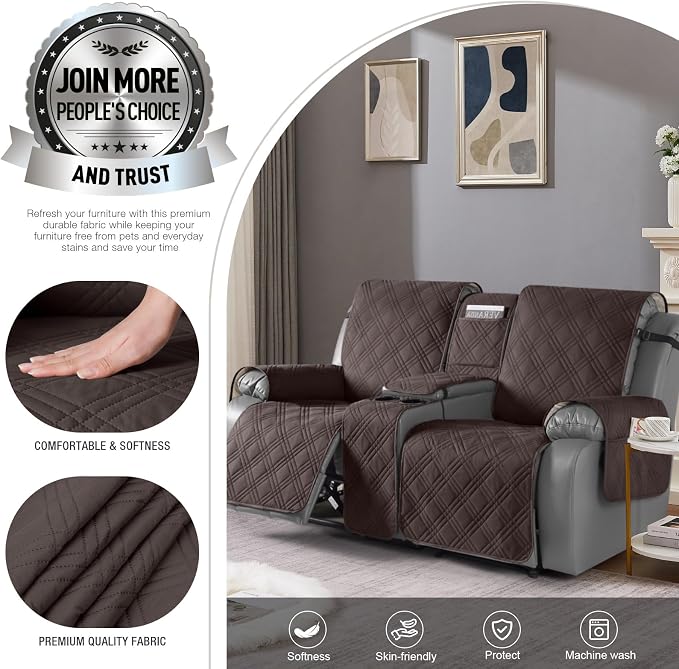 TAOCOCO Loveseat Recliner Cover with Center Console, 100% Waterproof Pet Cover for Dual Recliner with Straps Design, Split Reclining Loveseat Covers Furniture Pet&Kids Protector (2 Seater, Chocolate)