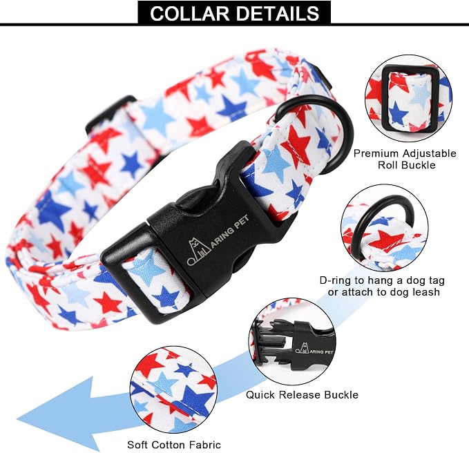 ARING PET 4th of July Collars for Dogs, Fourth of July Patriotic American Star Red White Blue Dog Collar for Puppy Small Medium Large Boy Girl Doggy-M