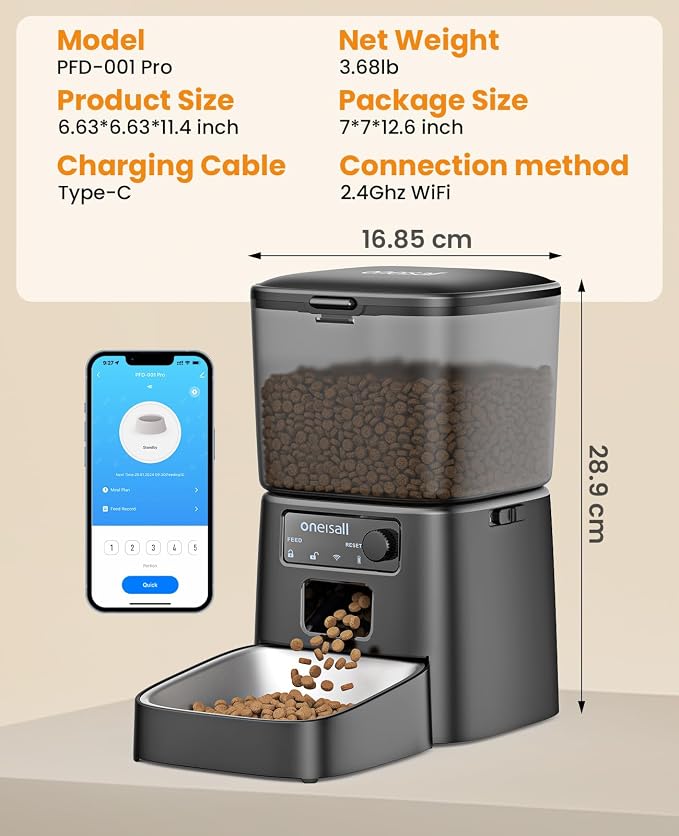 oneisall Automatic Cat Feeder, 2.4G WiFi Cat Food Dispenser with App, 12 Cups/3.5L Auto Cat Feeder for Dry Food, Timed Cat Feeder with Portion Control for Small Pets Indoor