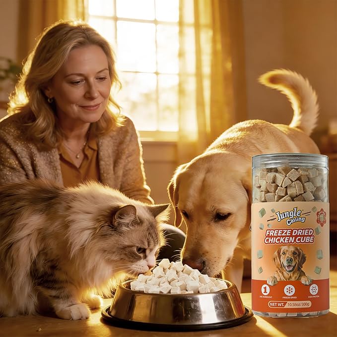 Jungle Calling Freeze Dried Chicken Cat & Dog Treats, Single Ingredient Chicken Bites for Cats & Dogs, High Protein Pet Training Treats, Edible Organic Food Topper, Approx 670 Pieces, 10.58 oz