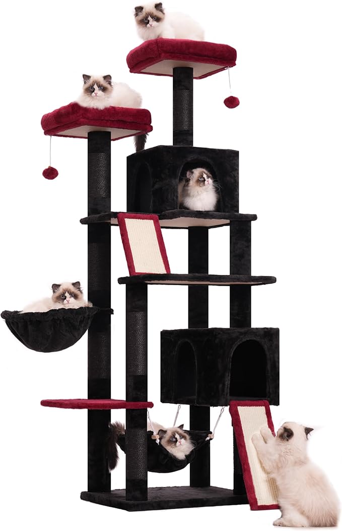 Gitelsnour Cat Tree for Indoor Cats, 71'' (180cm) Multi-Level Cat Tower for Large Adult, Gothic Sturdy Cat Tree House with 2 Scratching Boards 7 Posts, 2 Plush Perches/Condos, Hammock, Black GCT032BR