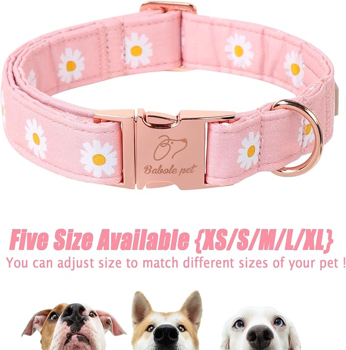 Spring Dog Collar, Cute Pink Daisy Femal Pet Collar with Metal Buckle, Durable Adjustable Designer Dog Collars for Small Medium Large Dogs S