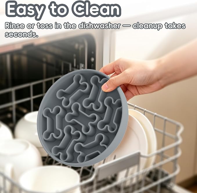 Silicone Slow Feeder Dog Bowl – Gray Bone Pattern | Food-Grade Non-Slip Dog Dish for Anti-Bloat, Fast Eating Prevention, 7.5” x 1.5”, Dishwasher Safe