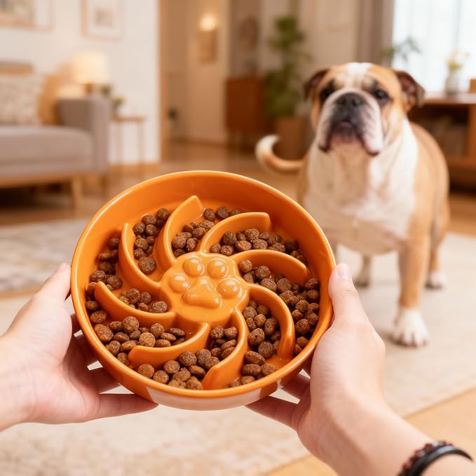 Ceramic Slow Feeder Dog Bowl, 3 Cup Dog Food or 25oz Water, Slow Eating Bowl for Middle Breed, Maze Puzzle Feeder for Fast Eaters, Anti-Choking Stop Bloat, Non-Slip BPA Free (Orange)