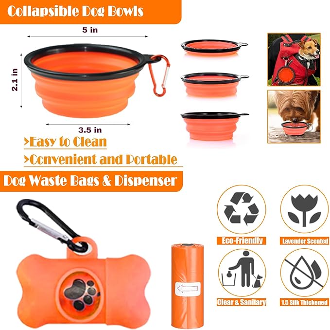 LOBEVE No Pull Dog Harness, Collar & Leash Set | Includes Dog Seat Belt, Collapsible Bowls & Poop Bag Dispenser. Ideal for Training, Walking, Hiking. Fits Small to Large Dogs(Orange-L)