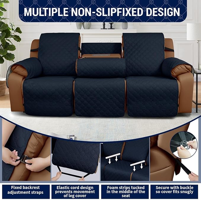 Waterproof Recliner Sofa Covers with Flipped Middle Backrest Washable Recliner Couch Covers Non-Slip with Elastic Straps Furniture Protector for Kid Dogs Pets (Navy Blue)