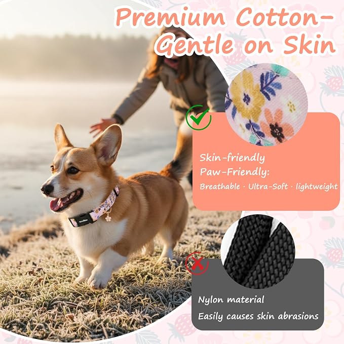 Dog Collar for Medium Dogs, Spring Pink Dog Collars with Flowers & Green Leaves, Adjustable Cotton Dog Collars, Cute Girl or Boy Dog Collar Ideal for Gifts,Pet Accessory