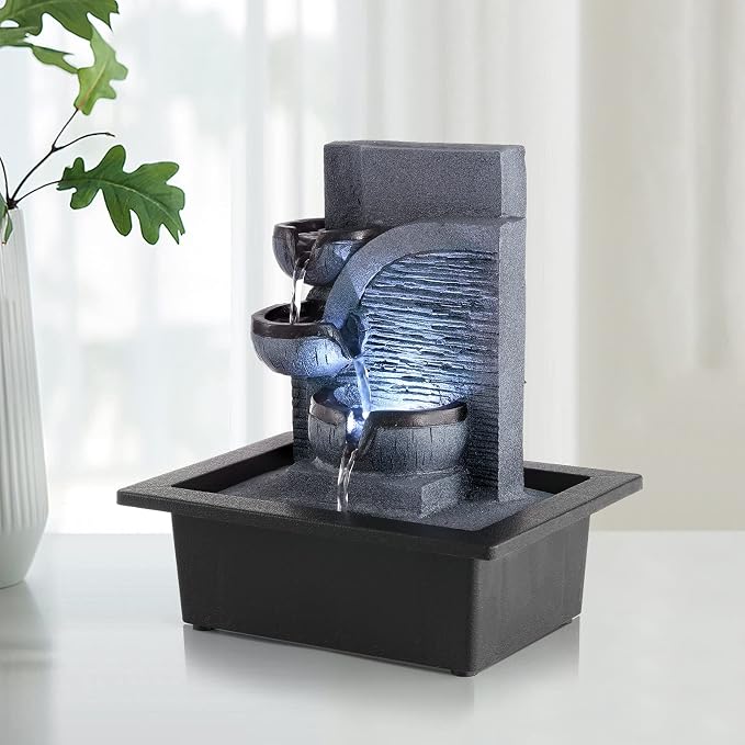 WICHEMI Tabletop Water Fountain with LED Lights Indoor Waterfall Fountains Relaxing Water Feature Indoor Fountains Zen Meditation Desktop Fountain for Home Office Bedroom Decor (Style 6)
