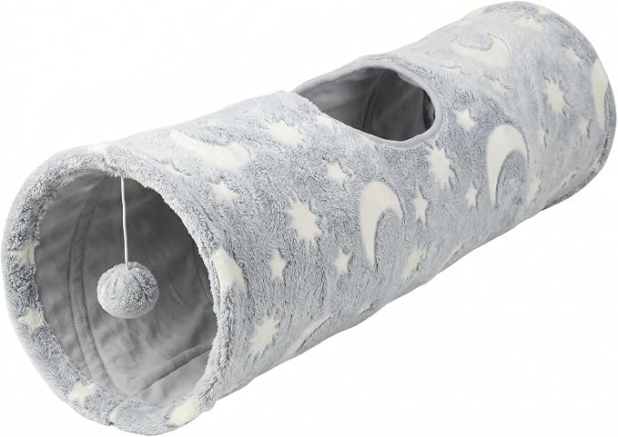 PAWISE Cat Tunnel for Indoor Cats, Glow in Dark Cat Tunnels with Cube Pop-Up, 3-Way Collapsible Cat Play Tunnel Toy for Cats Kittens Rabbits, with Hanging Ball & Bell