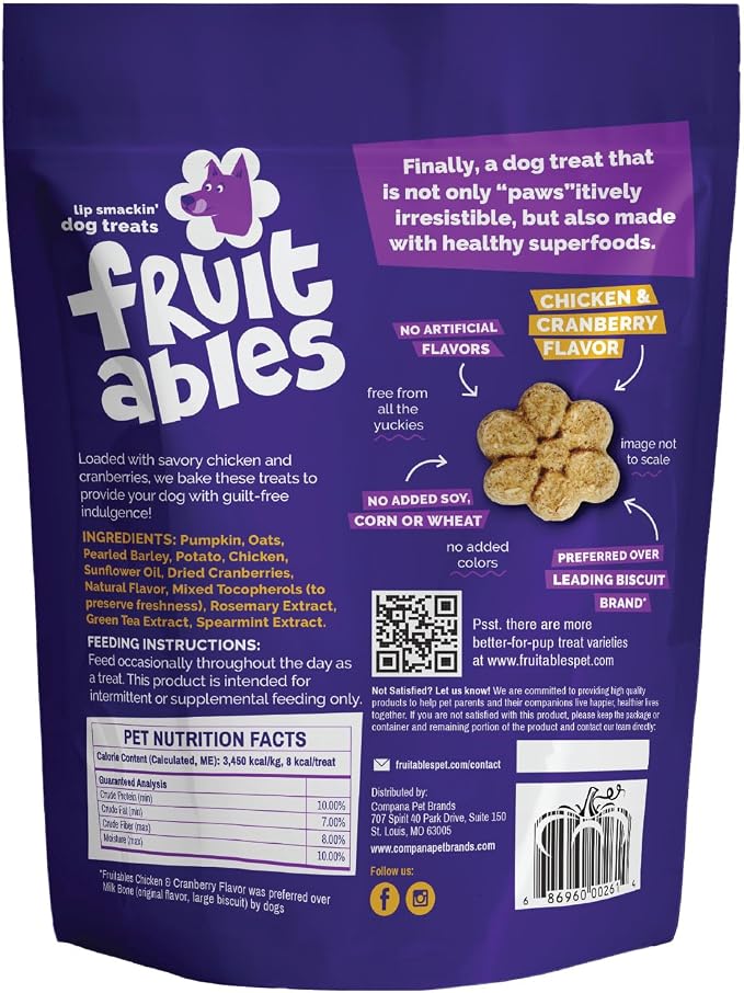 Fruitables Baked Dog Treats, Healthy Pumpkin Treat for Dogs, Low Calorie & Delicious, Made Without Wheat, Corn and Soy, Made in the USA, Allergy Friendly, Chicken and Cranberry Flavor, 20 oz