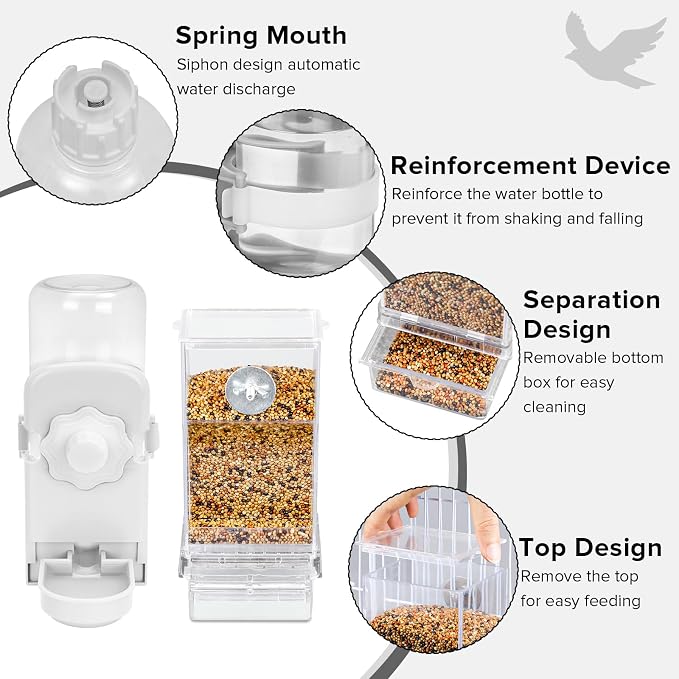 No Mess Bird Feeder Water Dispenser Set, Parakeet Cage Accessories, Bird Feeder and Waterers in Cage for Cockatiels, Finches, Lovebirds, Budgies, Canaries