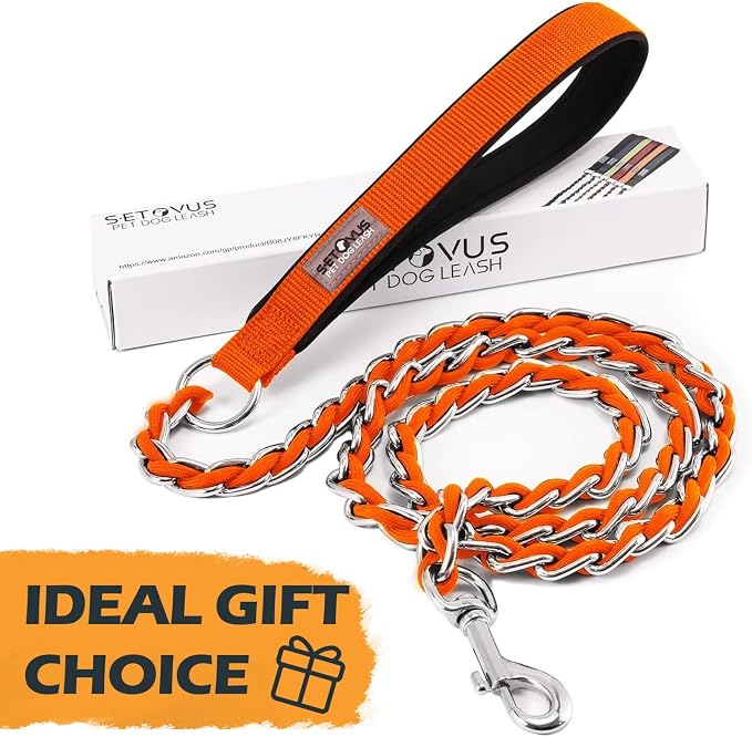 Chain Dog Leash Chew Proof Metal Leash for Medium Large Dogs, Chain Link Dog Anti Chew 5.2FT / 4FT Strong Anti Bite Comfortable Soft Padded Handle (Orange, 5FT(80-150lb))