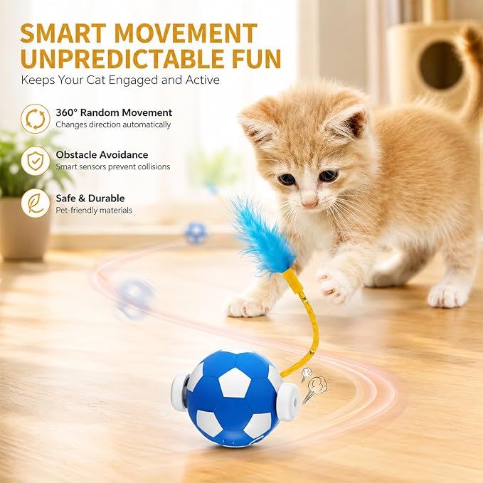 Interactive Cat Toys with Feather Tail, 3 in 1 Automatic Moving Cat Ball, USB Rechargeable Smart Rolling Pet Toy with Obstacle Avoidance for Indoor Cats, Kittens & Small Dogs